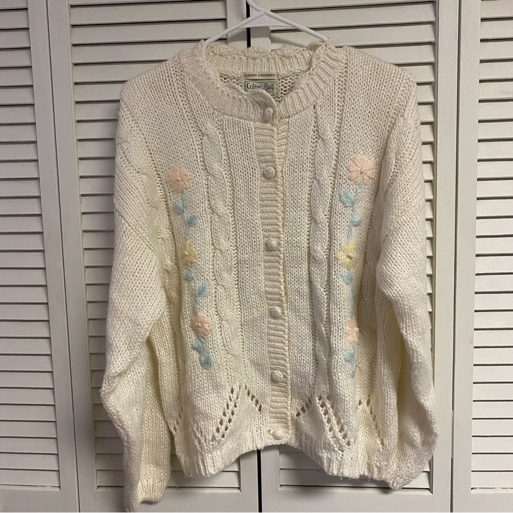 Colter Bay Cardigan HandLoomed 1989 White With Flowers Size Large